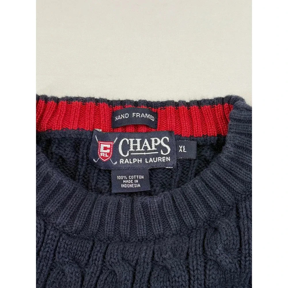 Vintage Chaps Ralph Lauren Golf Navy Blue Cable Knit Cotton Sweater Mens Size XL